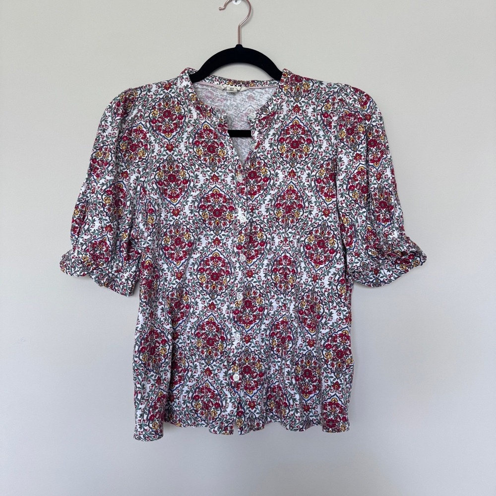 Boden Womens Red Yellow Floral Paisley Puff Sleeve Button Front Knit Blouse US 6